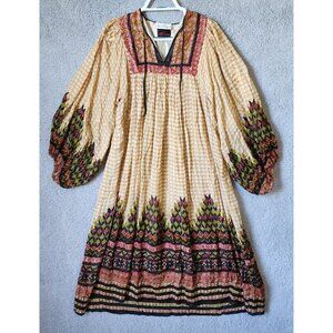 Vtg 70s Ritu Kumar Judith Ann Hand Block Printed Dress Balloon Sleeve Silk Sz XS